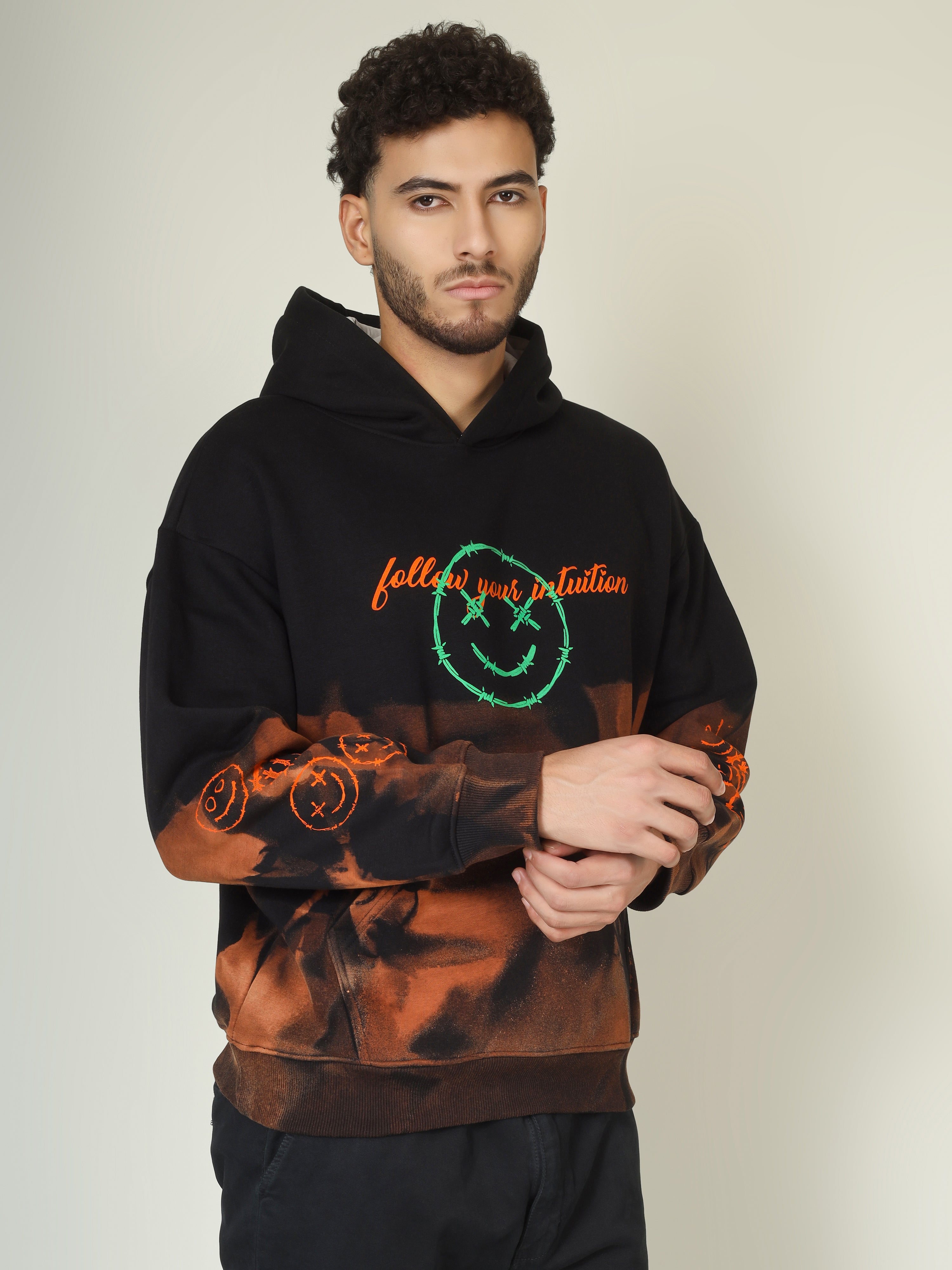 Handcrafted Oversized Hoodie | ‘Follow Your Intuition’ + Maze Graphic | Bleach Art Streetwear (Made to Order)