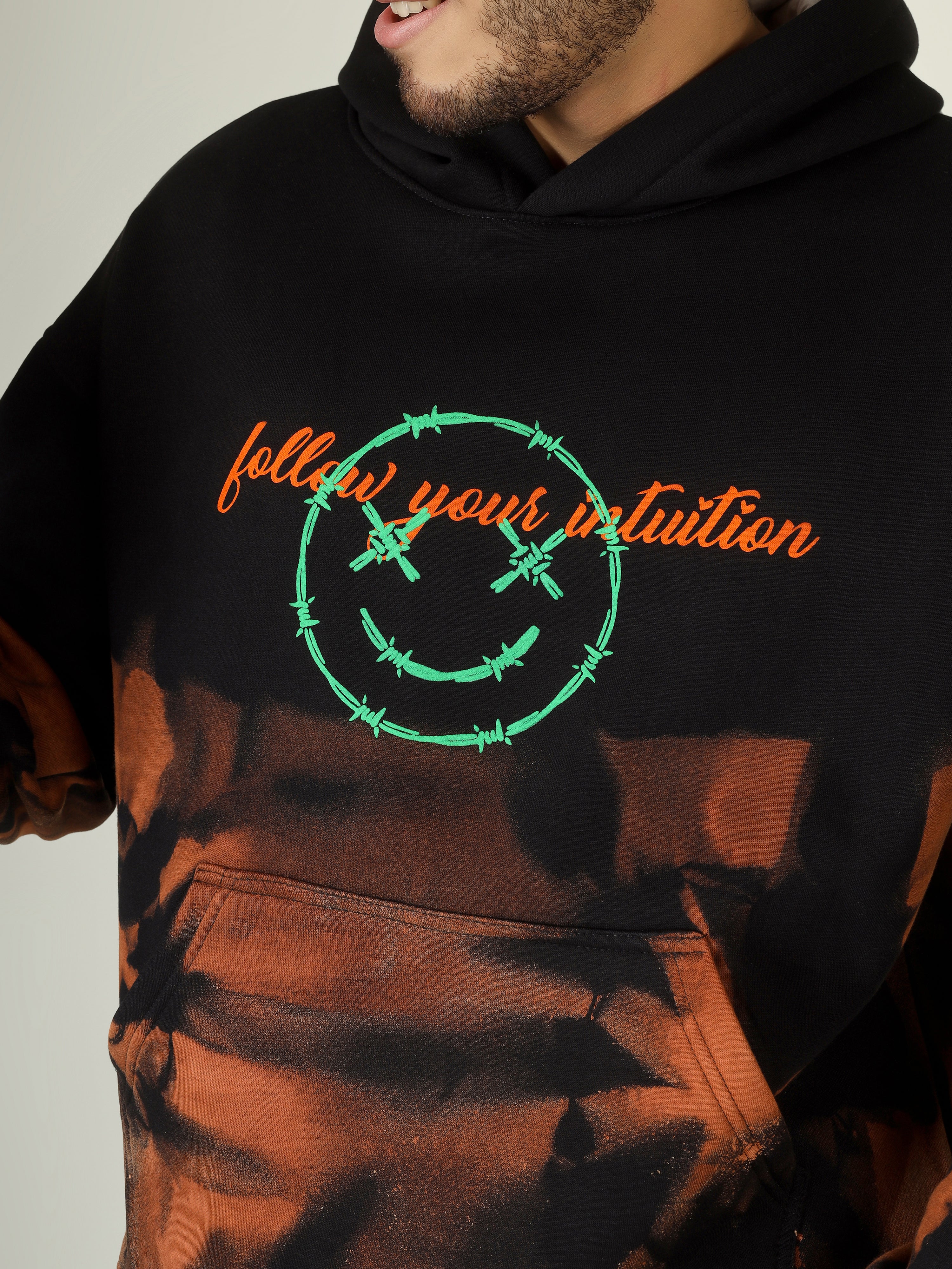 Handcrafted Oversized Hoodie | ‘Follow Your Intuition’ + Maze Graphic | Bleach Art Streetwear (Made to Order)