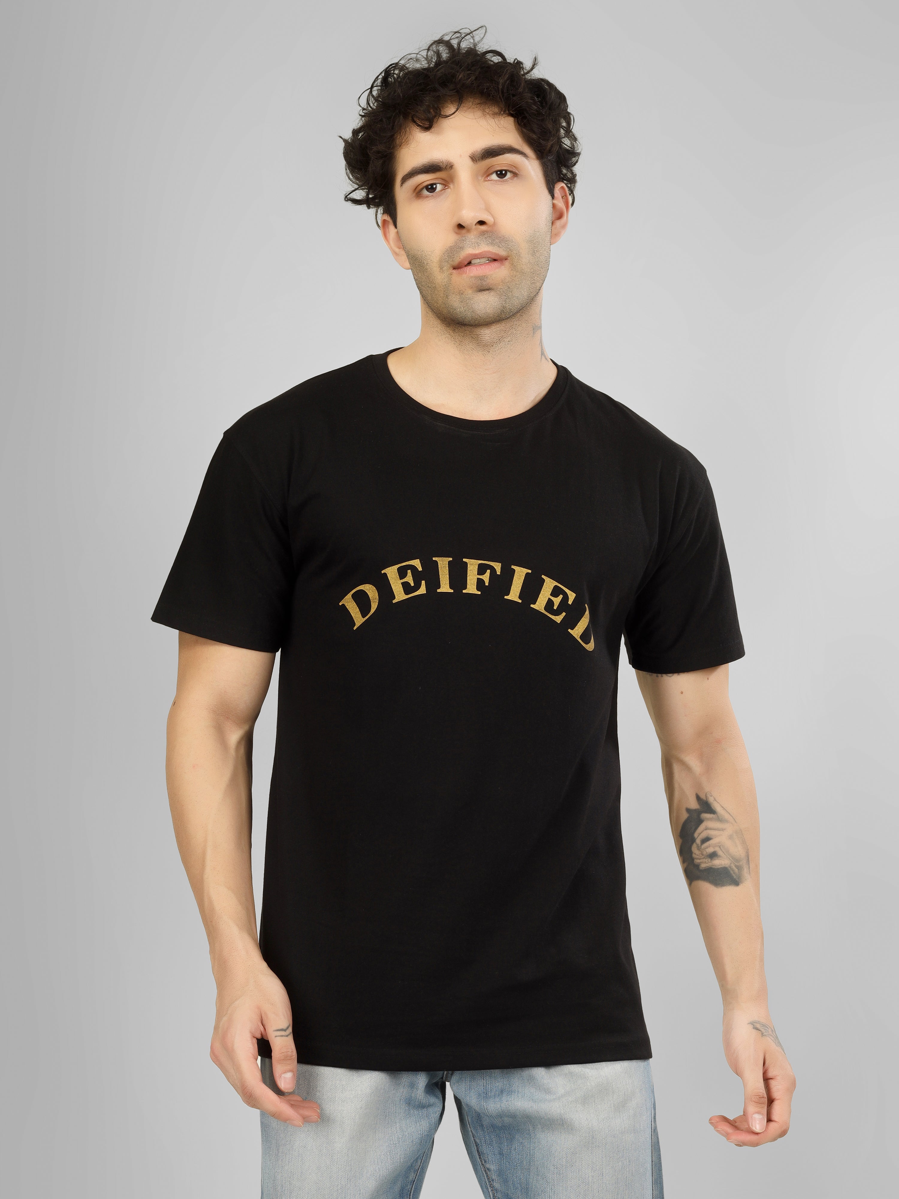 DEIFIED -  Golden Print | Oversized Black Cotton T-Shirt | Solid Streetwear Tee