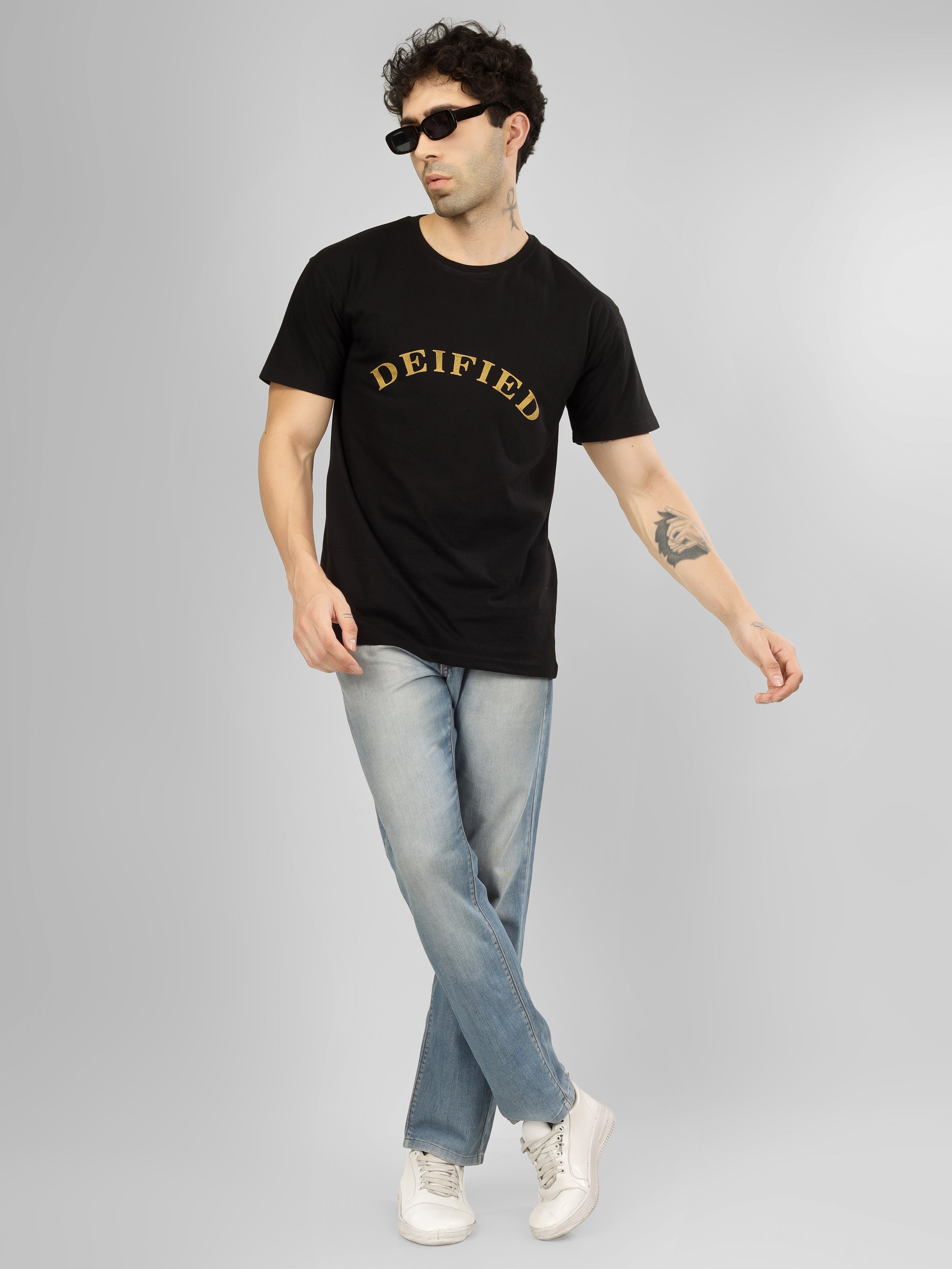DEIFIED -  Golden Print | Oversized Black Cotton T-Shirt | Solid Streetwear Tee