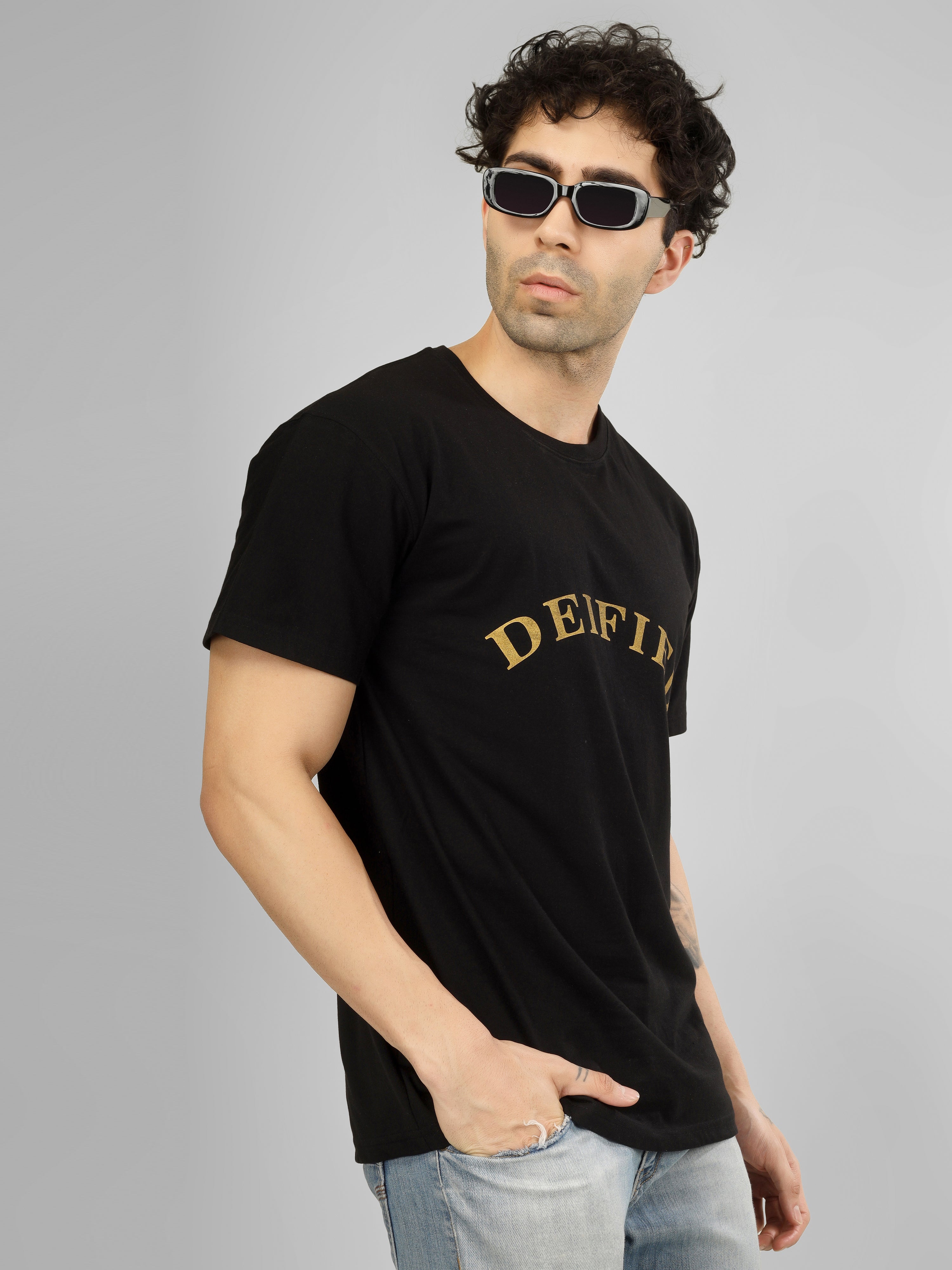 DEIFIED -  Golden Print | Oversized Black Cotton T-Shirt | Solid Streetwear Tee