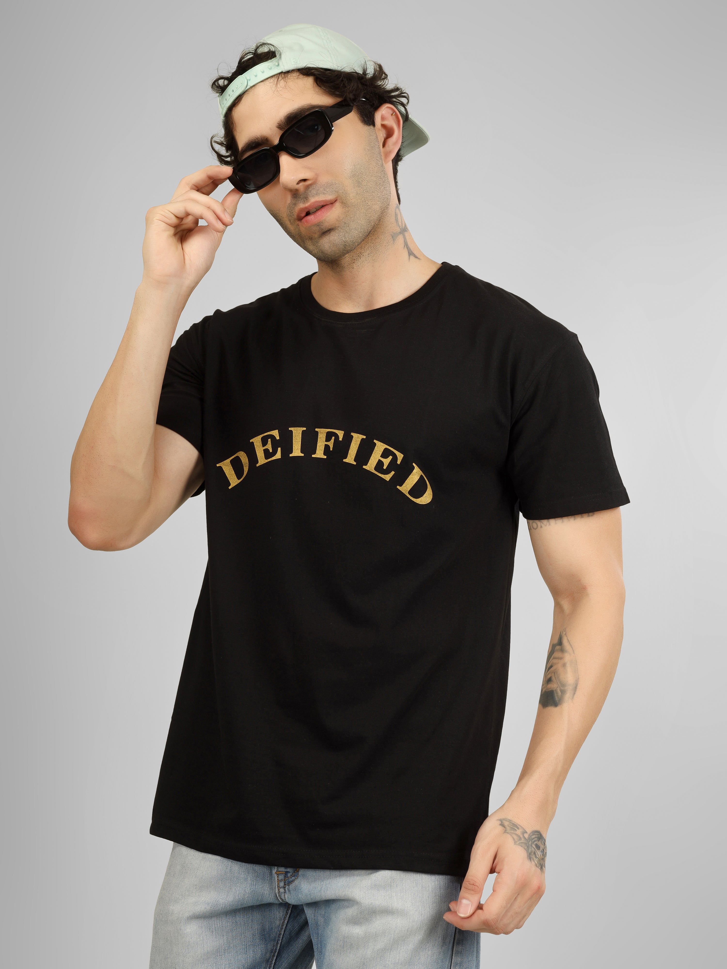 DEIFIED -  Golden Print | Oversized Black Cotton T-Shirt | Solid Streetwear Tee