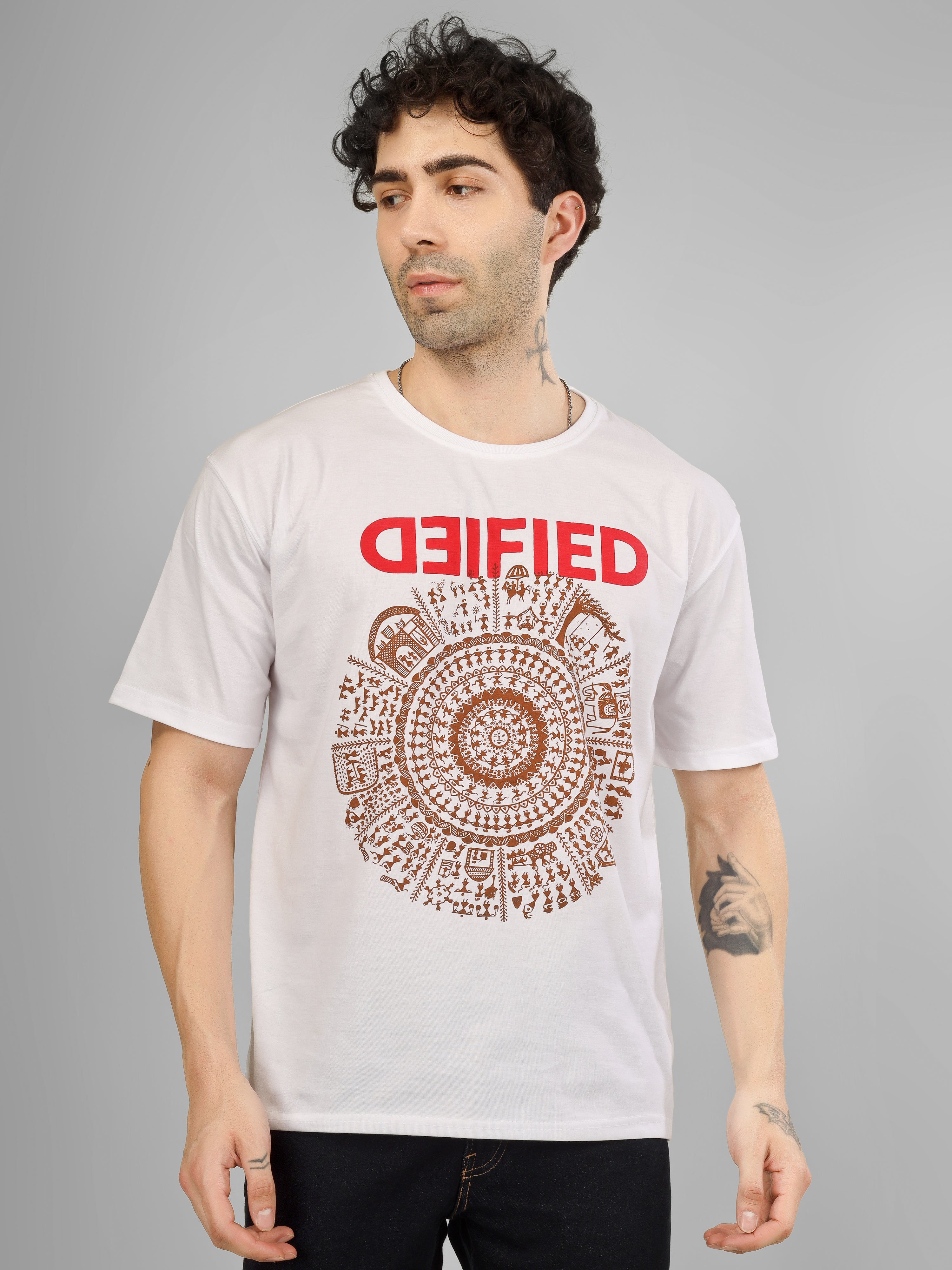 Warli Mandala Flow Oversized Tee | Spiritual Streetwear in Cotton Comfort