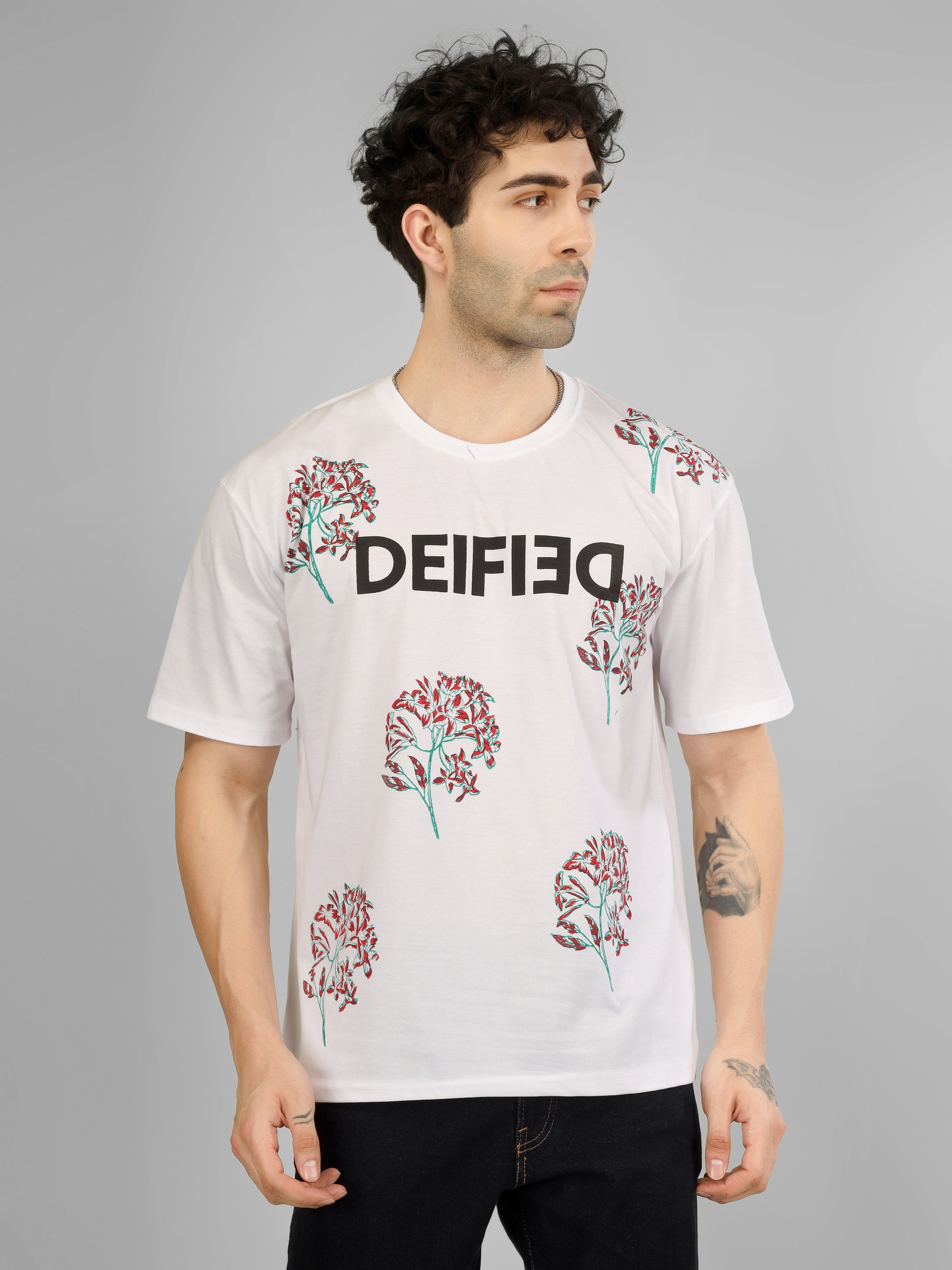 Handcrafted Wooden Block Printed Floral Motif Unisex Oversized Cotton T-Shirt | Artistic Streetwear