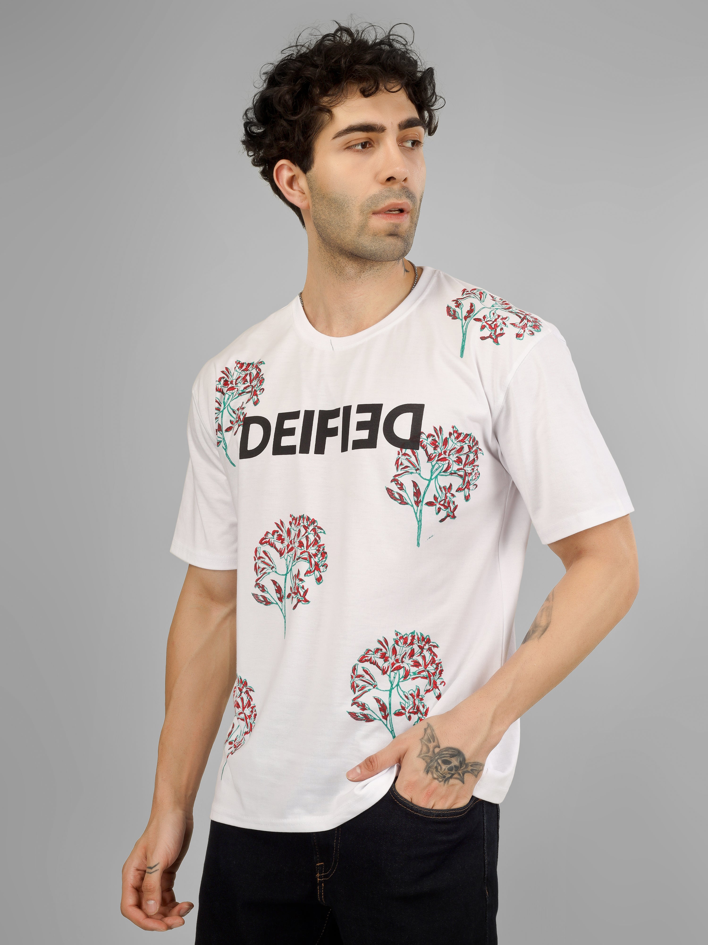 Handcrafted Wooden Block Printed Floral Motif Unisex Oversized Cotton T-Shirt | Artistic Streetwear