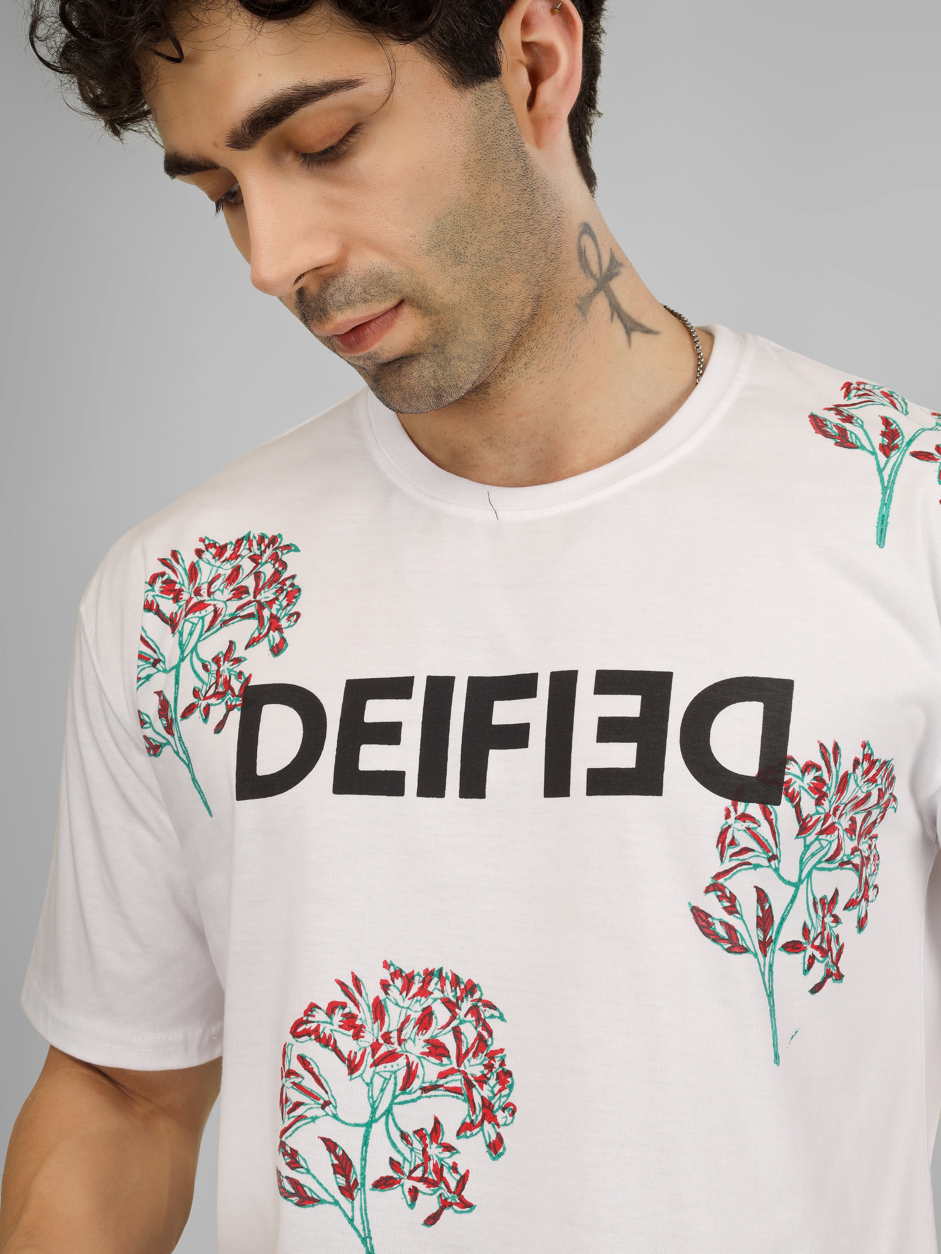 Handcrafted Wooden Block Printed Floral Motif Unisex Oversized Cotton T-Shirt | Artistic Streetwear
