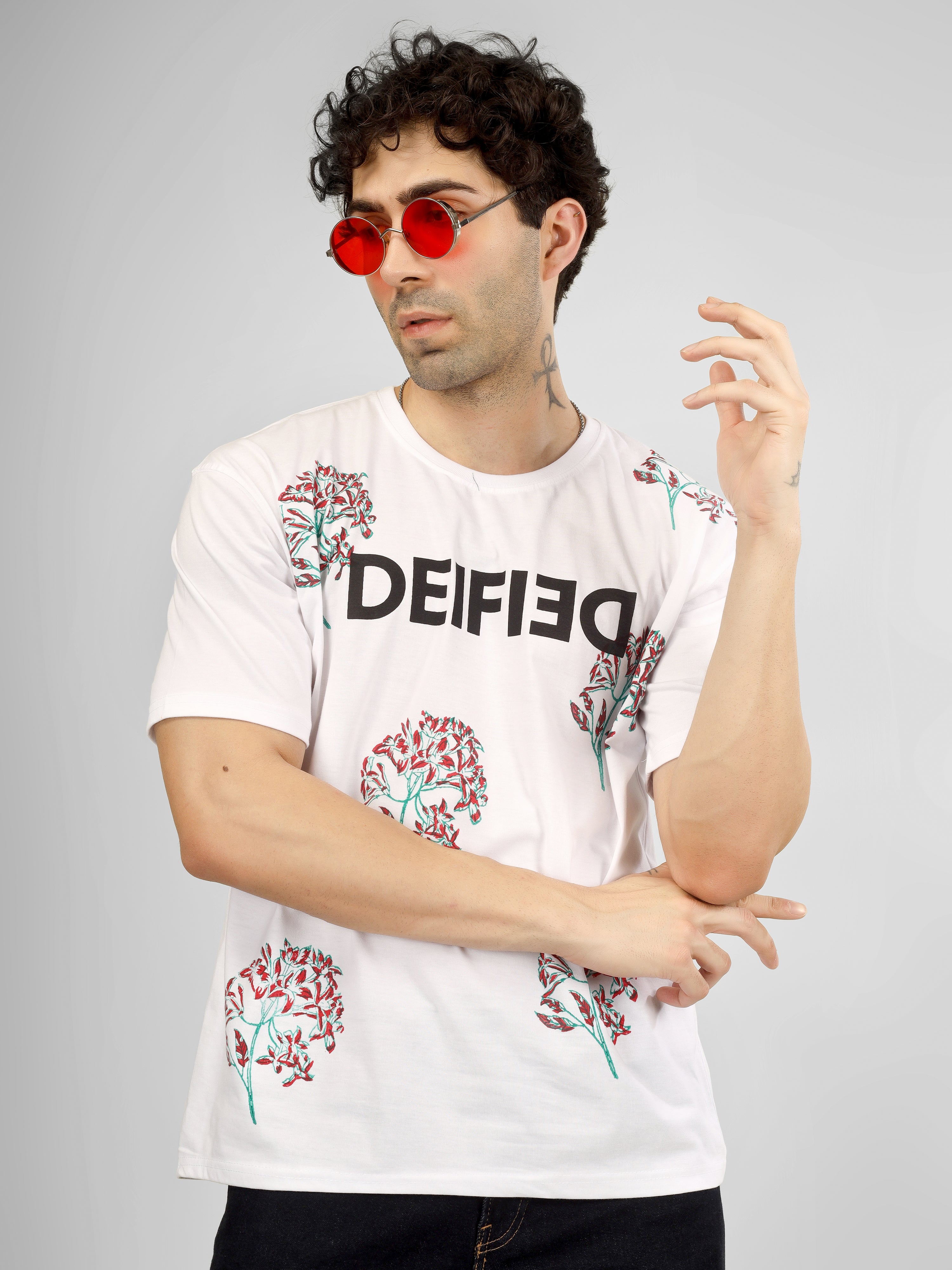 Handcrafted Wooden Block Printed Floral Motif Unisex Oversized Cotton T-Shirt | Artistic Streetwear