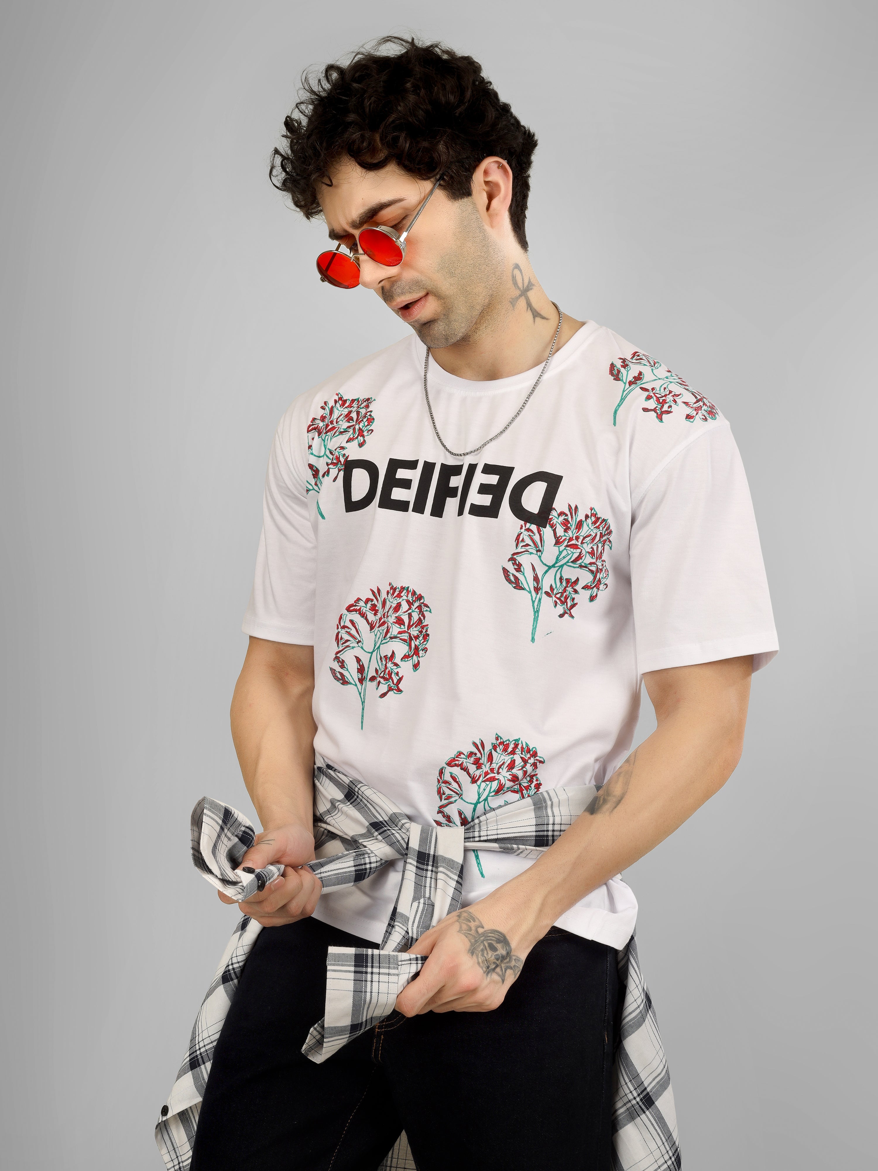 Handcrafted Wooden Block Printed Floral Motif Unisex Oversized Cotton T-Shirt | Artistic Streetwear