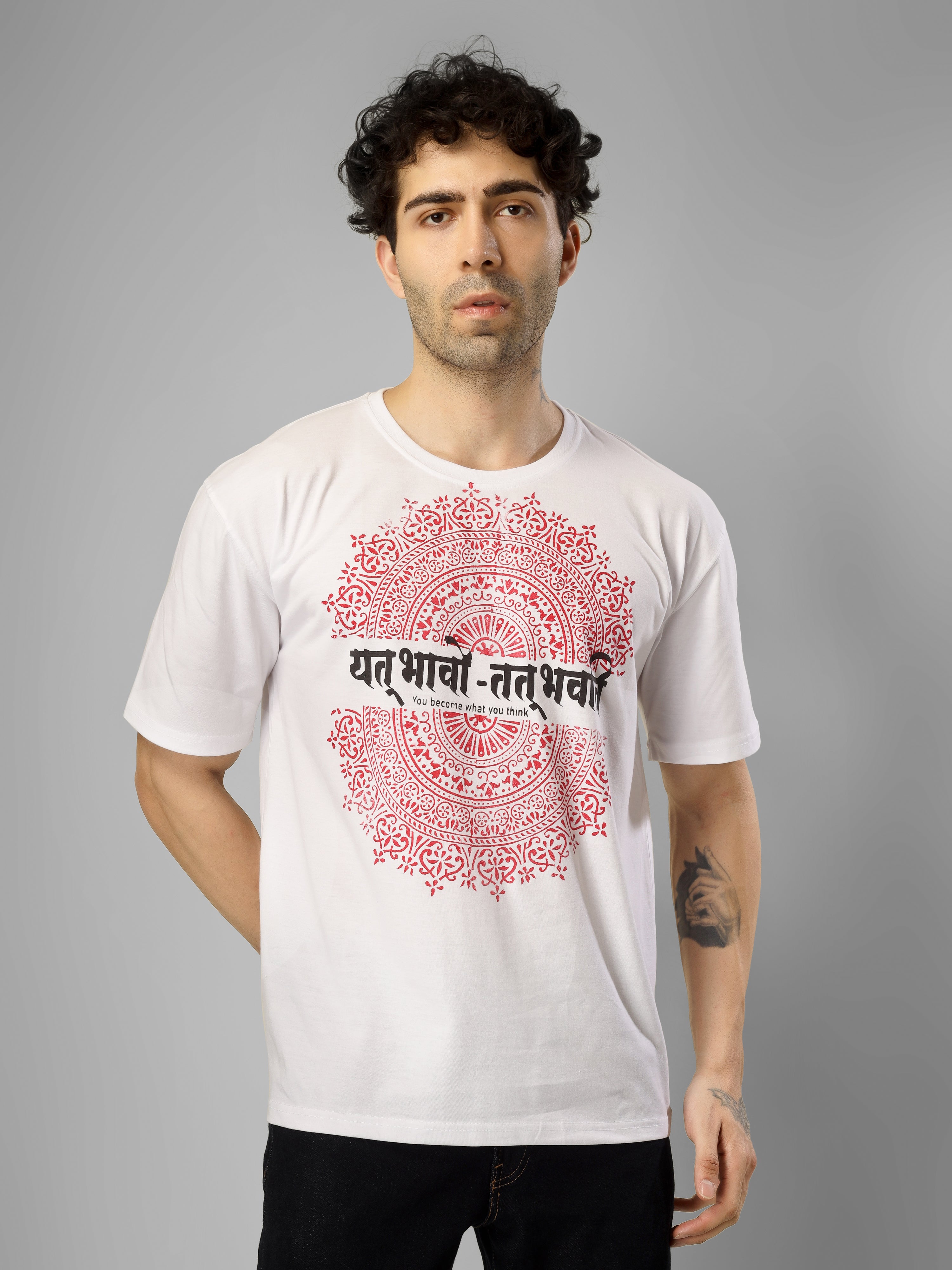 Block Printed Mandala “Yat Bhavo Tat Bhavati” Handcrafted Streetwear - Oversized Cotton T-Shirt