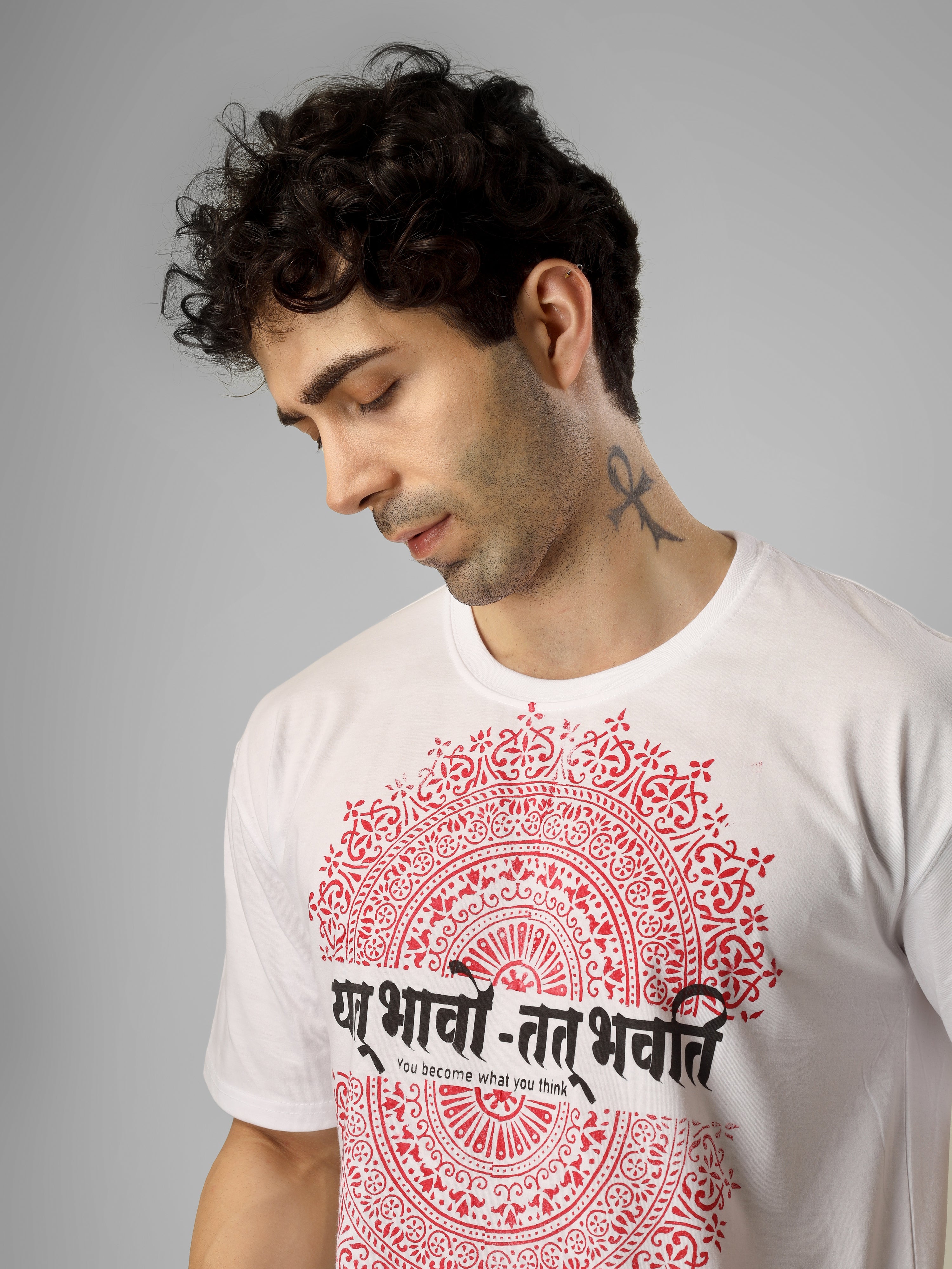 Block Printed Mandala “Yat Bhavo Tat Bhavati” Handcrafted Streetwear - Oversized Cotton T-Shirt