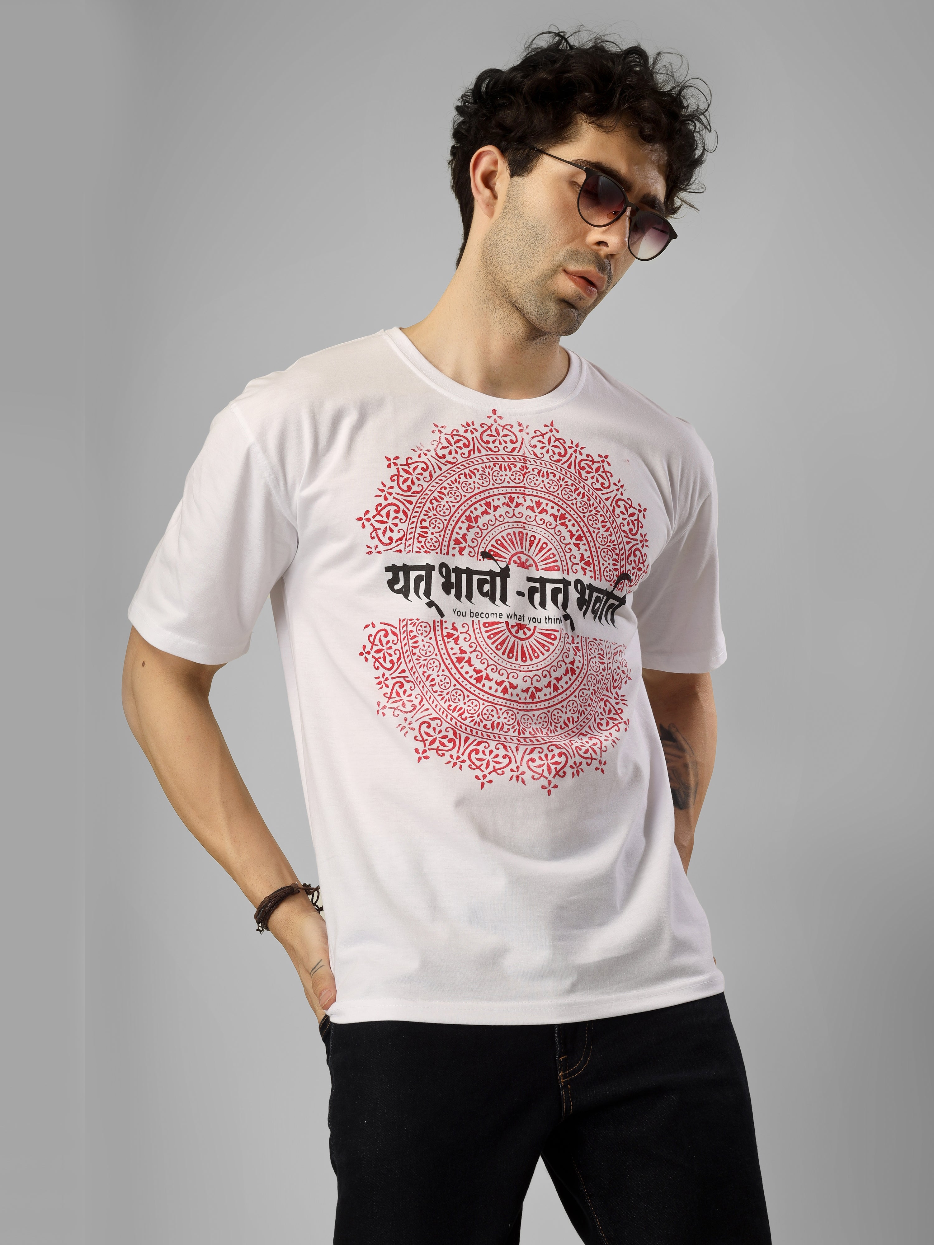 Block Printed Mandala “Yat Bhavo Tat Bhavati” Handcrafted Streetwear - Oversized Cotton T-Shirt