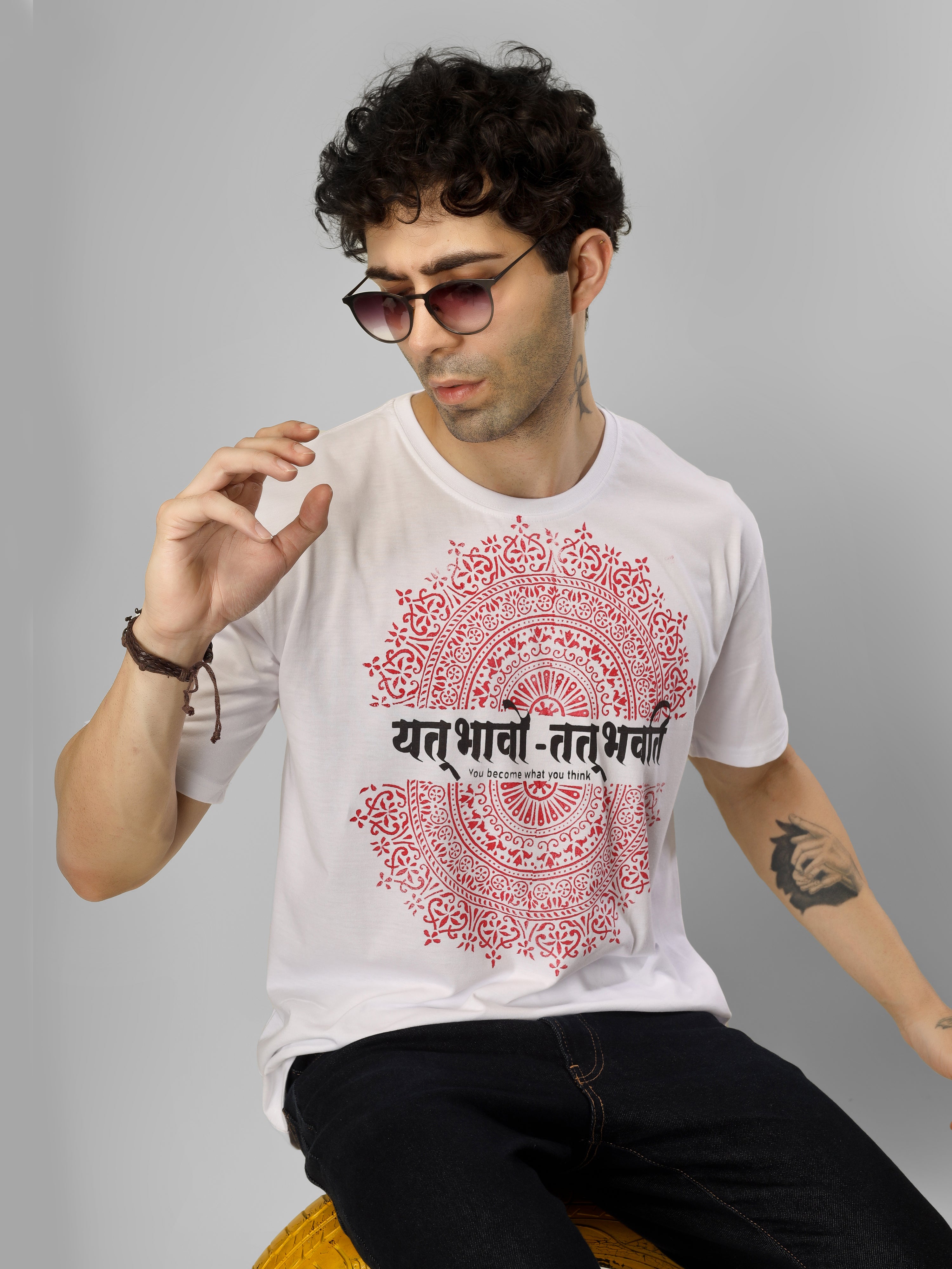 Block Printed Mandala “Yat Bhavo Tat Bhavati” Handcrafted Streetwear - Oversized Cotton T-Shirt