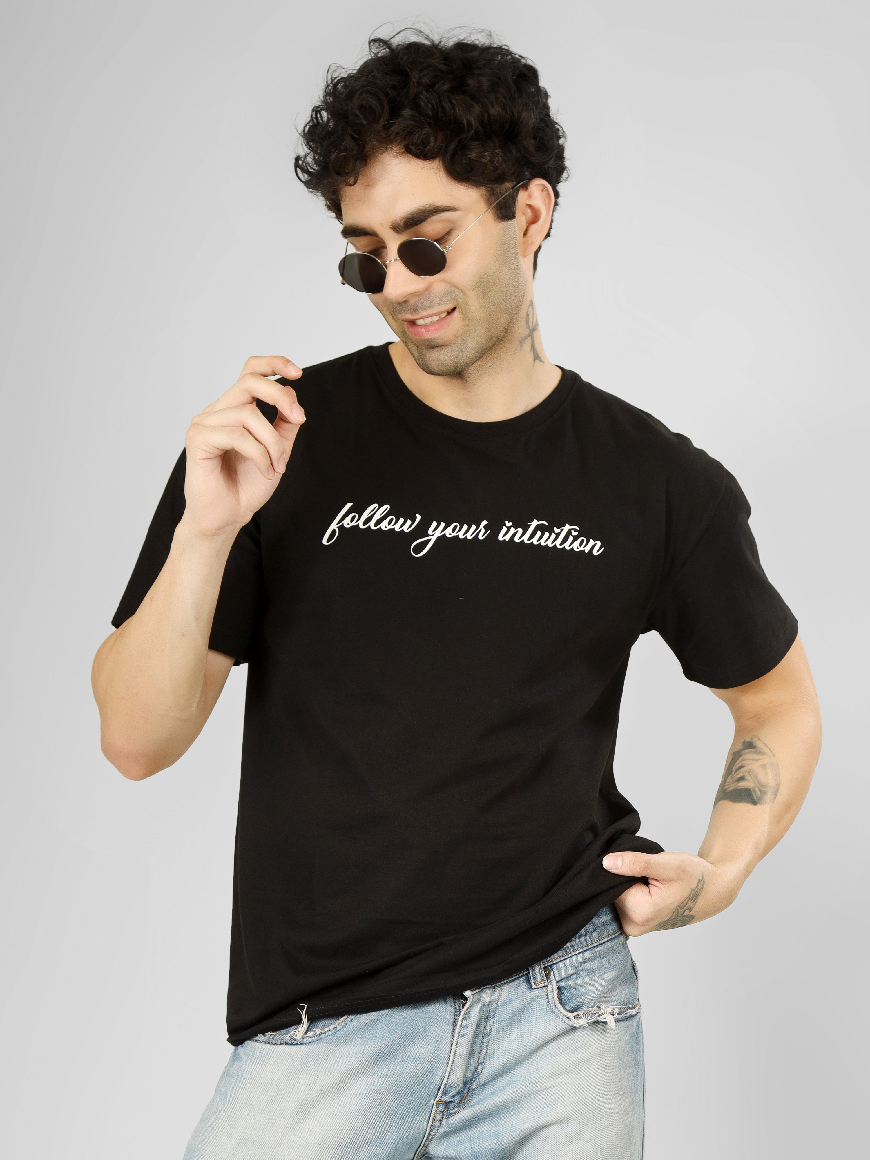 “Follow Your Intuition” - Oversized Black Cotton T-Shirt